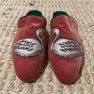 Kurt Geiger Pink Velvet Swan Embellished Backless Mules